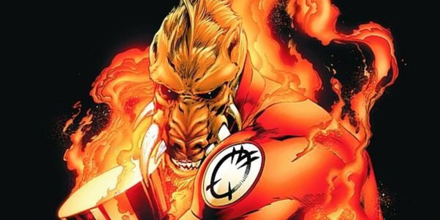 An image of the orange Lantern, Larfleeze, clinging to his power battery in DC Comics
