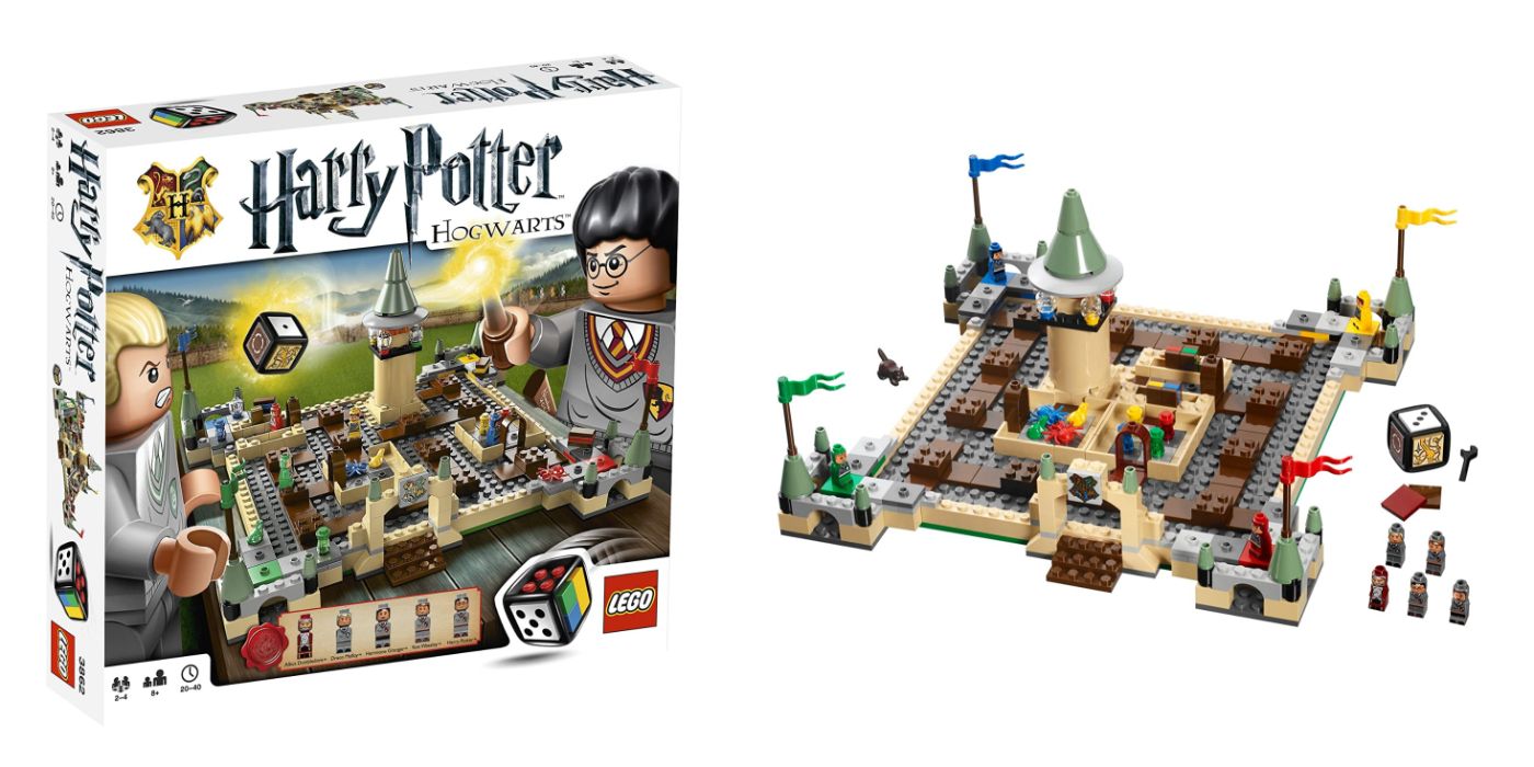 An image of the box and game pieces for Lego Hogwarts board game
