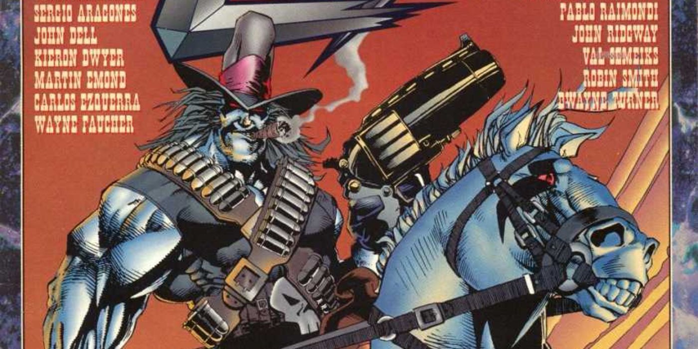 Lobo brandishes an enormous pistol and smokes a cigar while riding a horse on the cover of Lobo Annual 2: Fistful of Bastiches