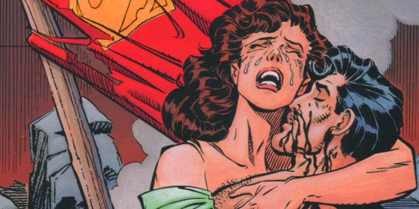 Lois chora por Clark em The Death Of Superman.