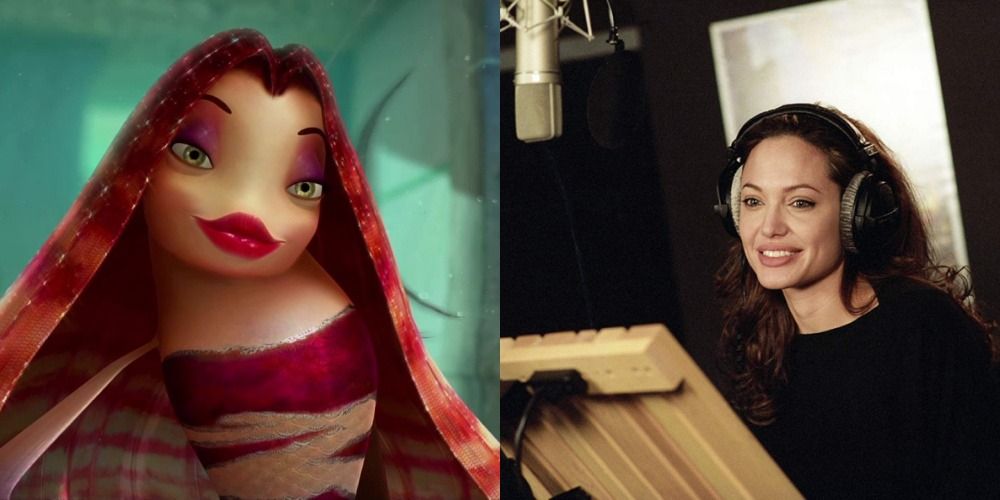 A split image of Lola from Shark Tale and Angelina Jolie