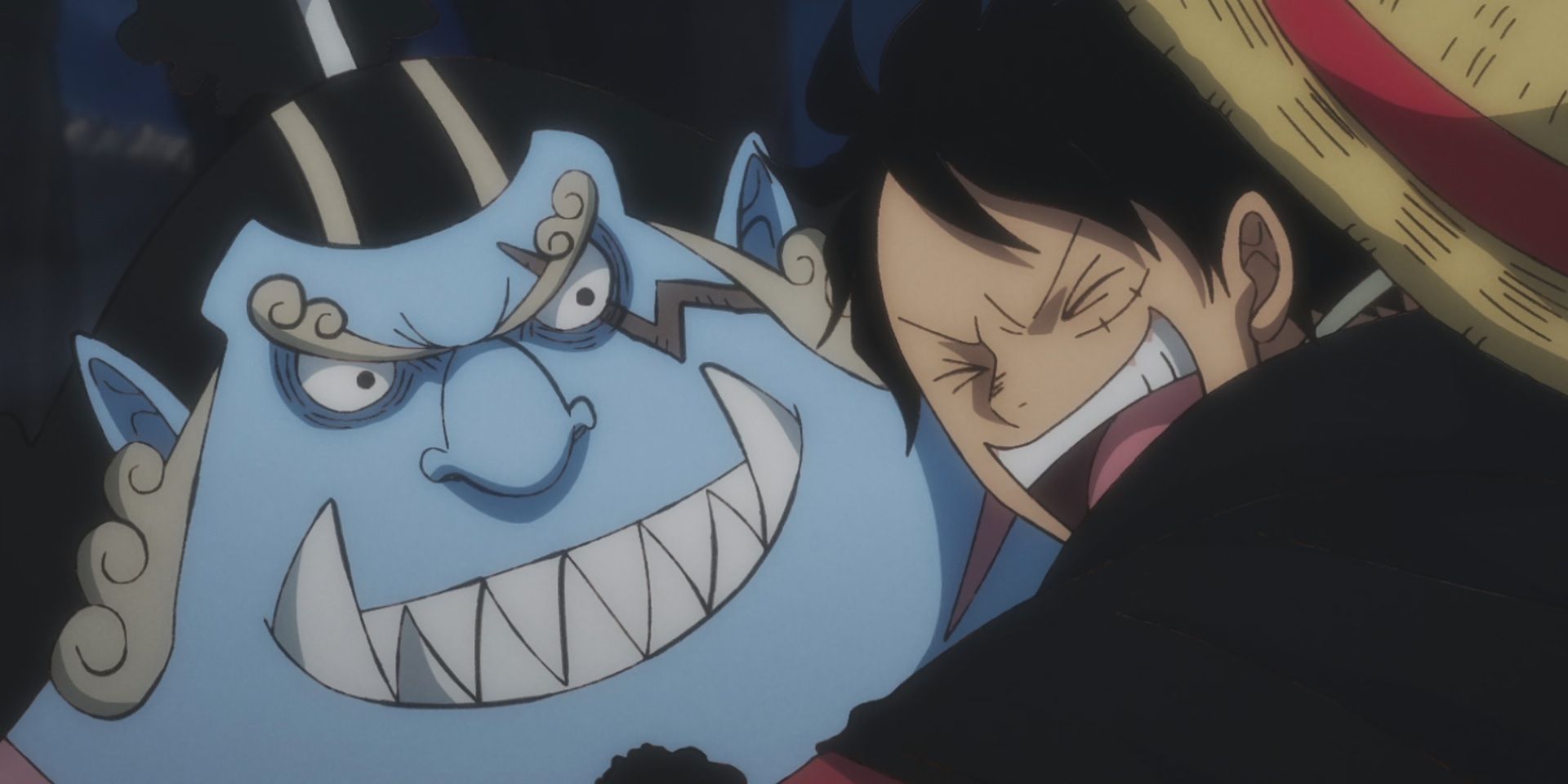 Luffy hugs Jimbei in One Piece.