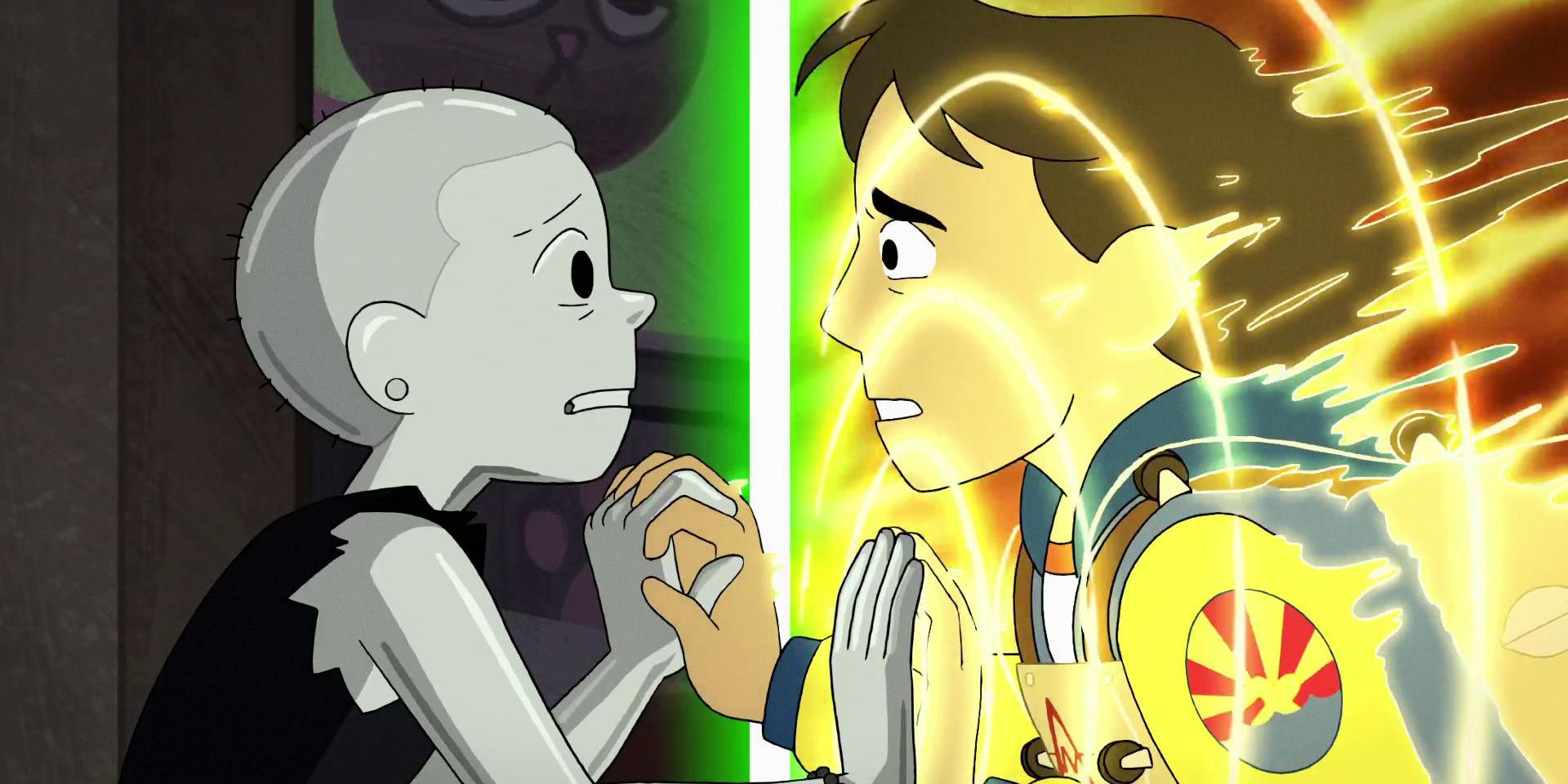 MT and Jesse from Infinity Train hold hands as Jesse is sucked through a portal