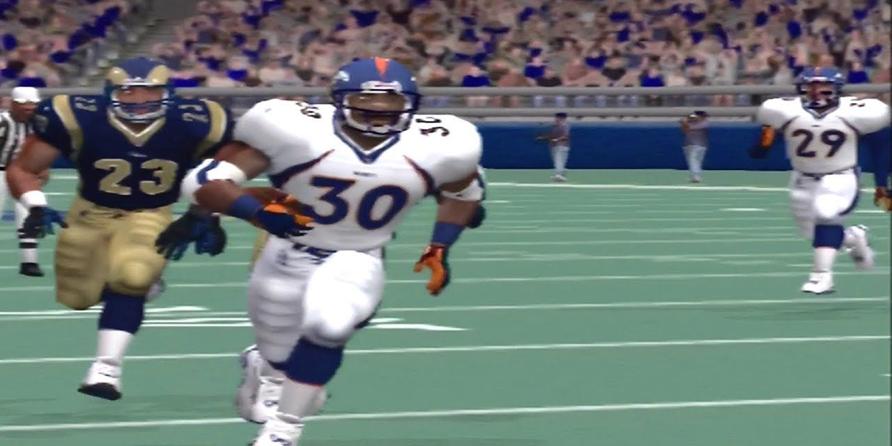Terrell Davis rushing for a big gain in Madden NFL 2001