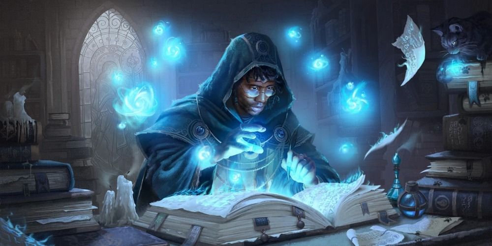 A wizard poring over a spellbook surrounded by floating blue runes in DnD.
