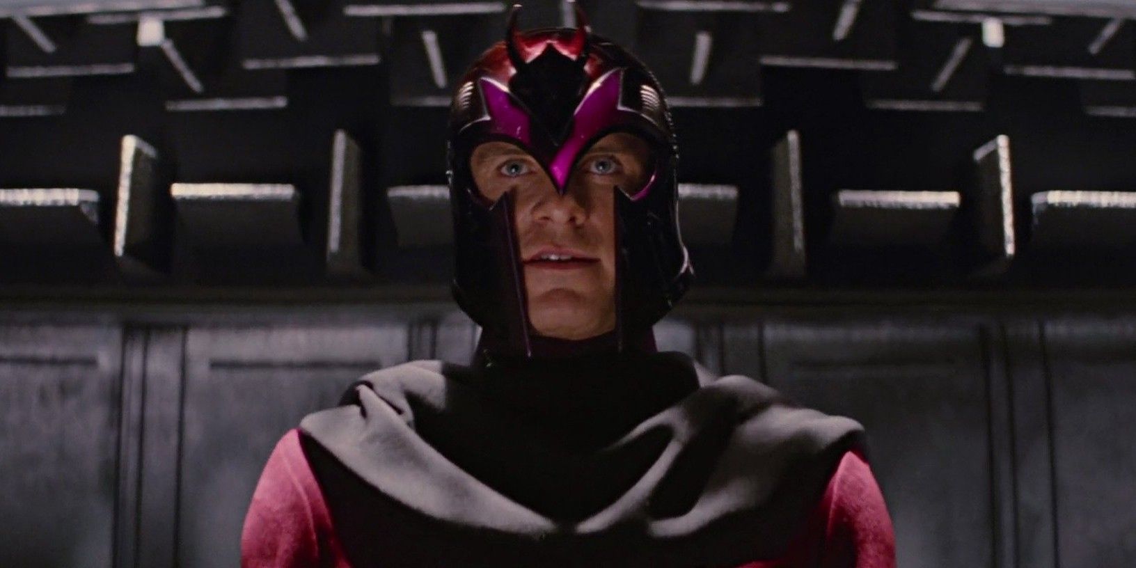 Magneto wears a comic accurate red costume