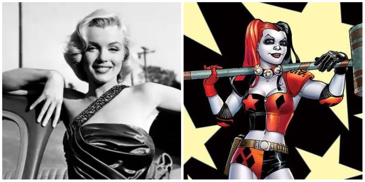 Marilyn Monroe smiling and an image of Harley Quinn from DC comics