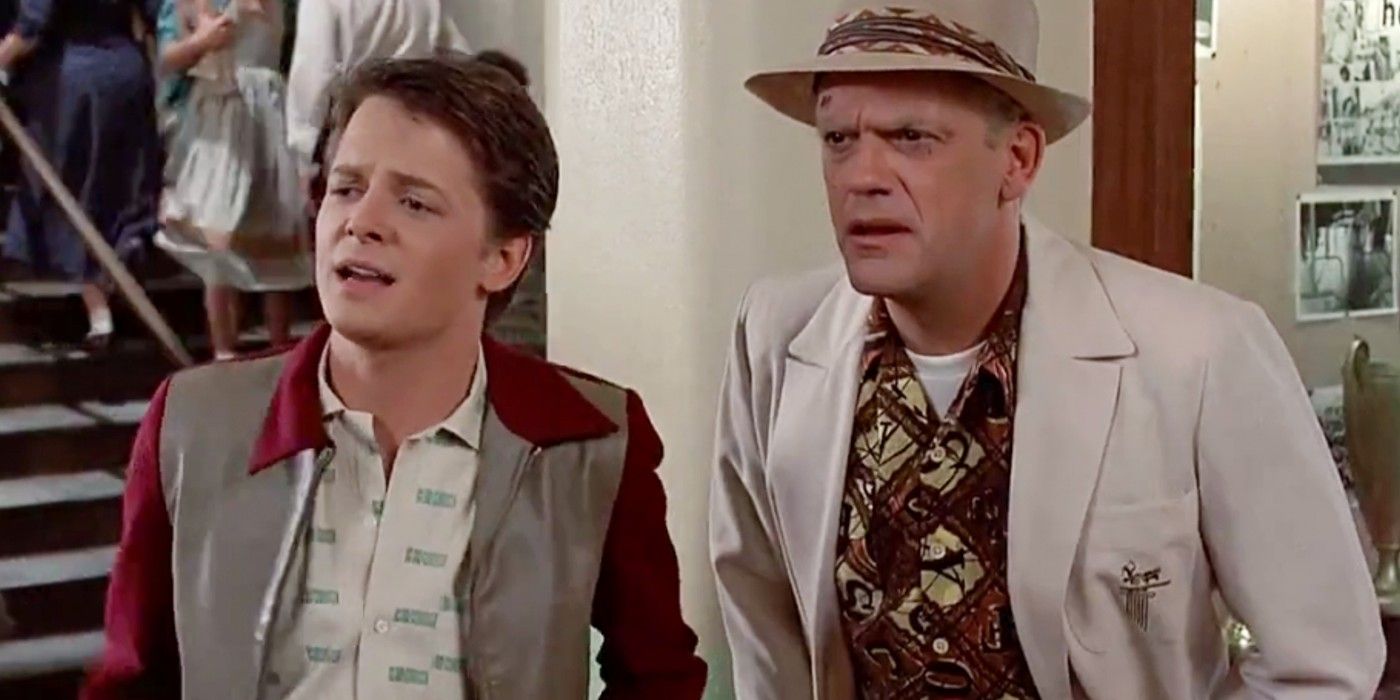 Marty McFly and Dr Emmett Brown interact in Back To The Future