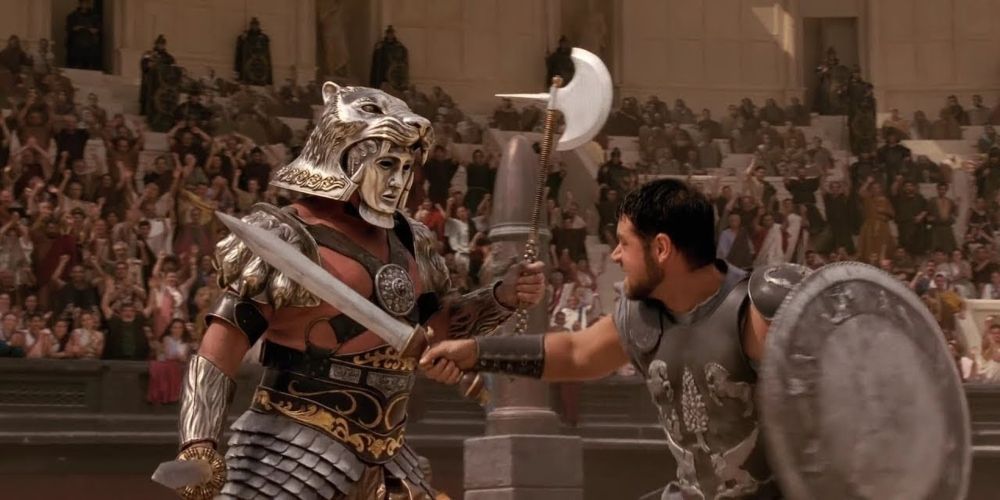 Maximus Decimus Meridius fighting Tigris of Gaul in Gladiator movie