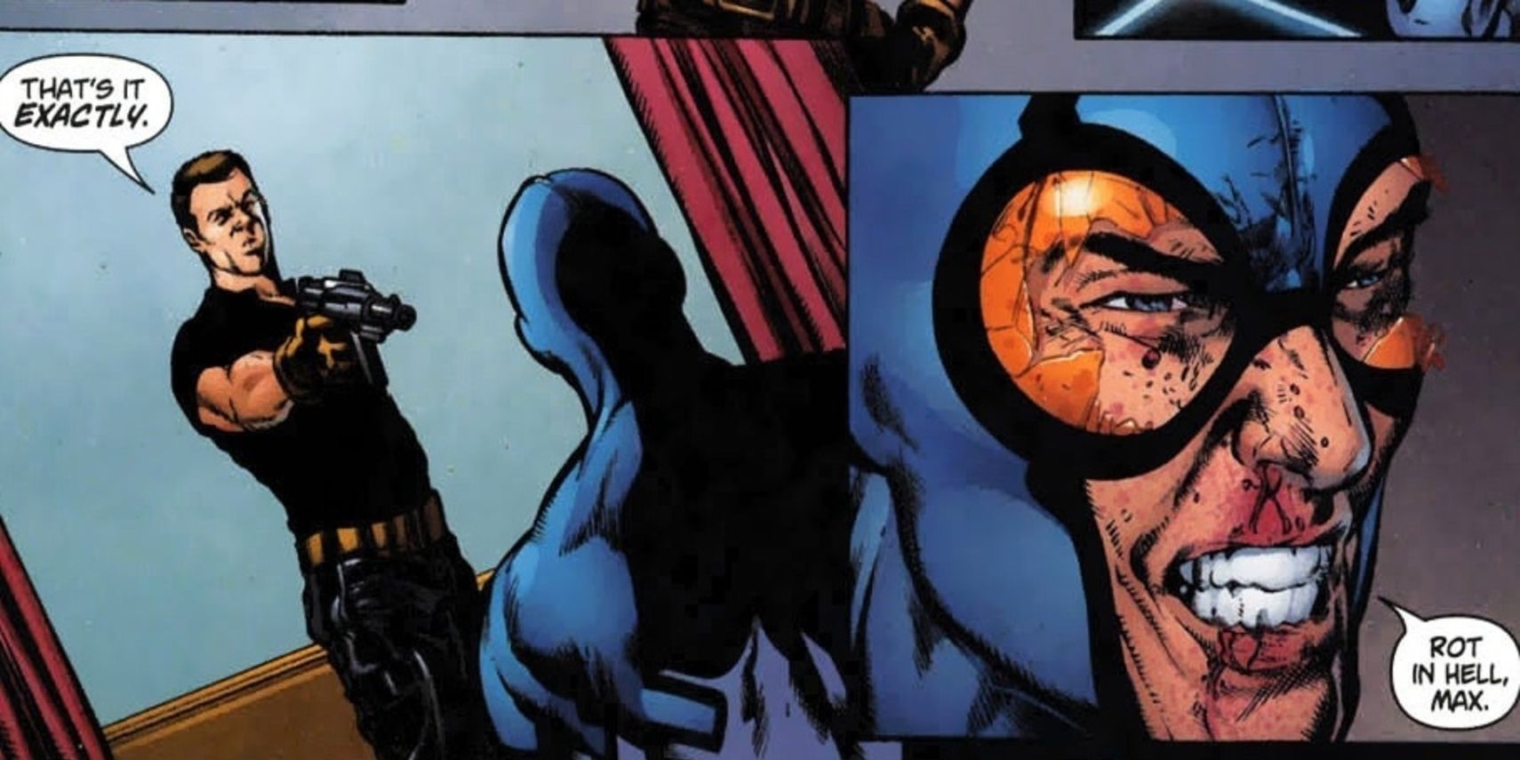 Maxwell Lord prepares to shoot Blue Beetle in DC Comics