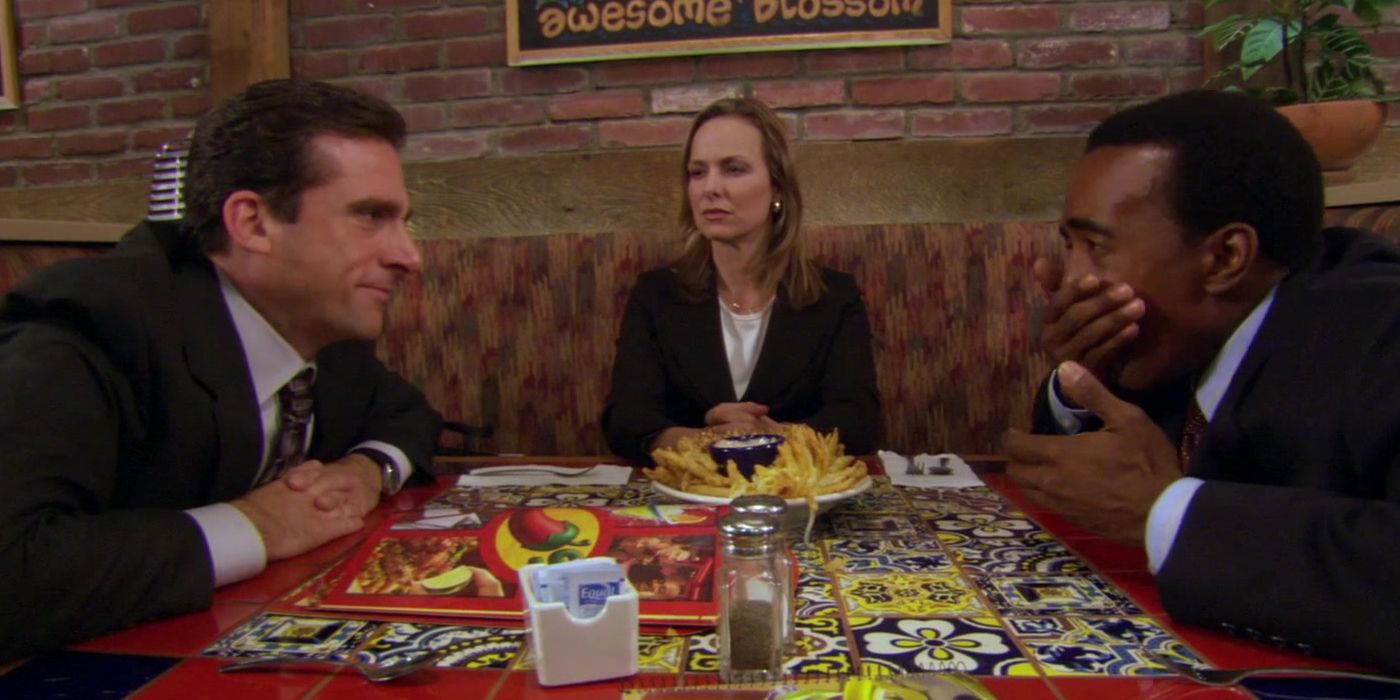 Michael and Jan having lunch with a client in The Office