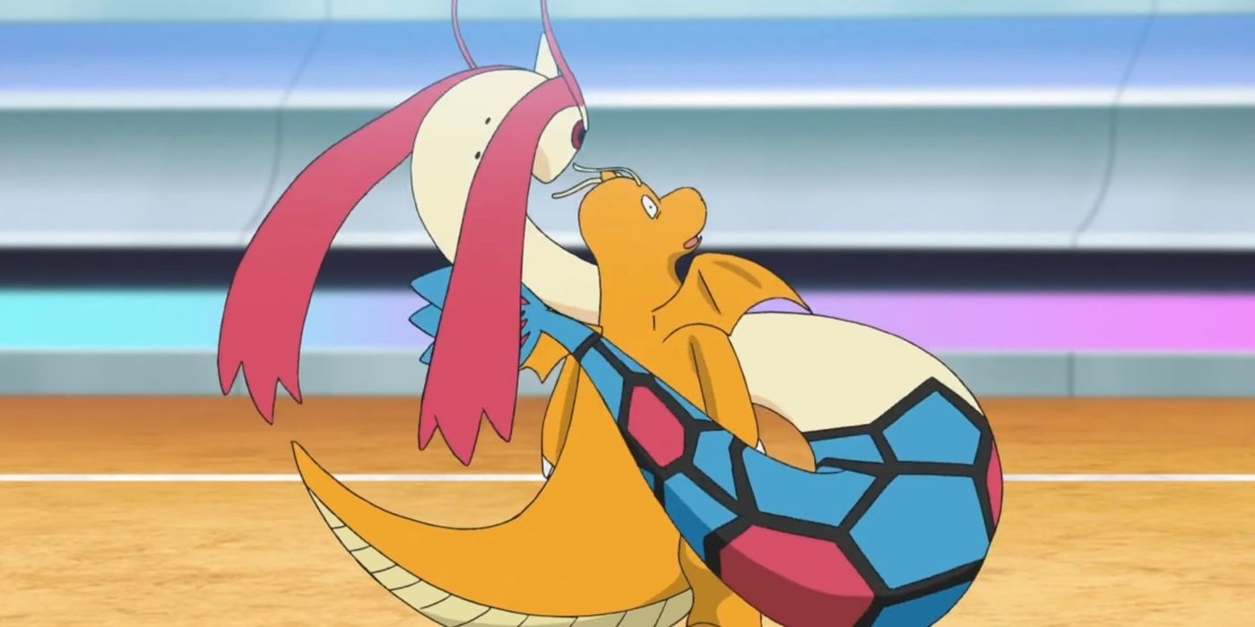 Cynthia's Milotic defeats Iris's Dragonite in the Masters Eight of the World Coronation Series in Pokémon Journeys