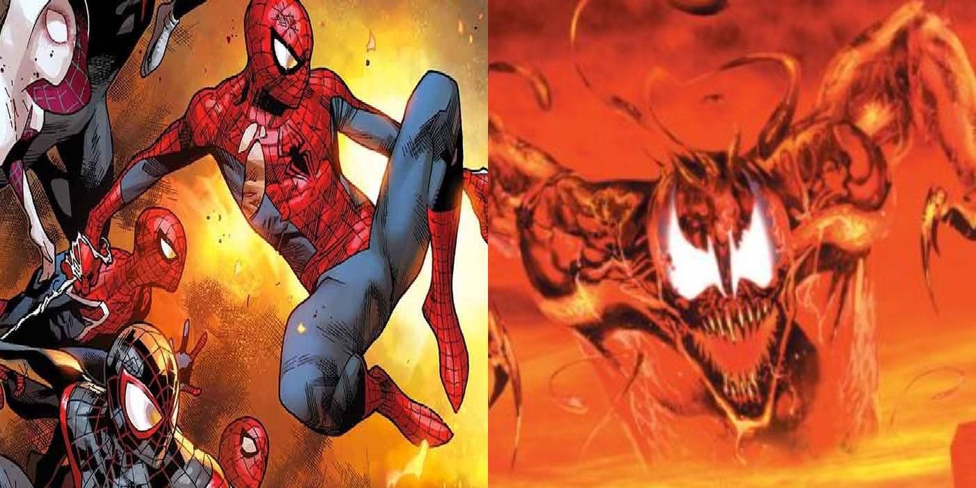 A split image of Spider-Man in the Spider-Verse and Maximum Carnage comic events