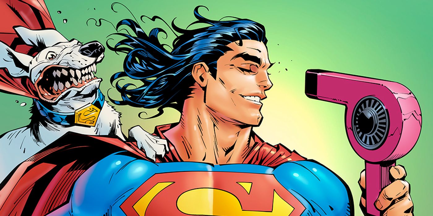 Mullet Superman blowing his hair with a hair drying while it also blows Krypto's face behind him.