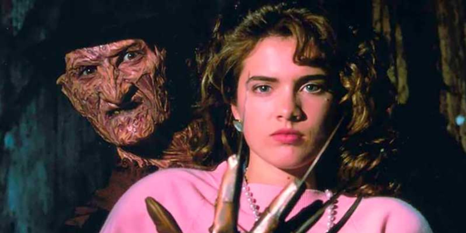 Nancy Thompson with Freddy Krueger looming in the background 