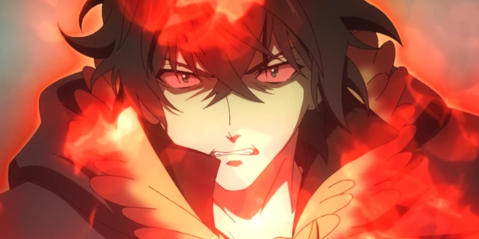 Naofumi with fire and red eyes in The Rising Of The Shield Hero.