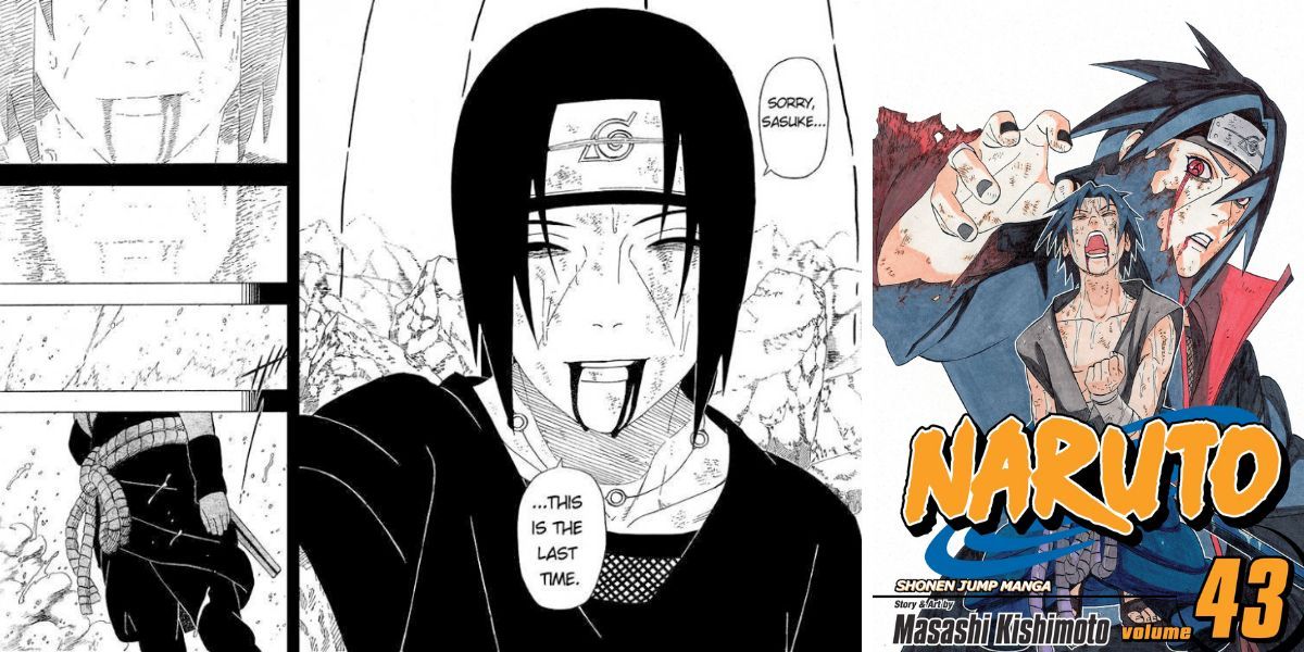 Itachi saying farewell to Sasuke before dying; manga cover for Volume 43 (Naruto)