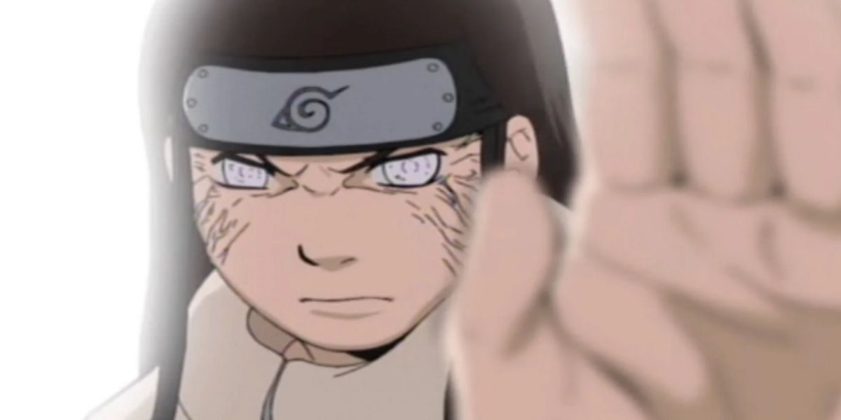 Close-up of Neji using the Byakugan from Naruto