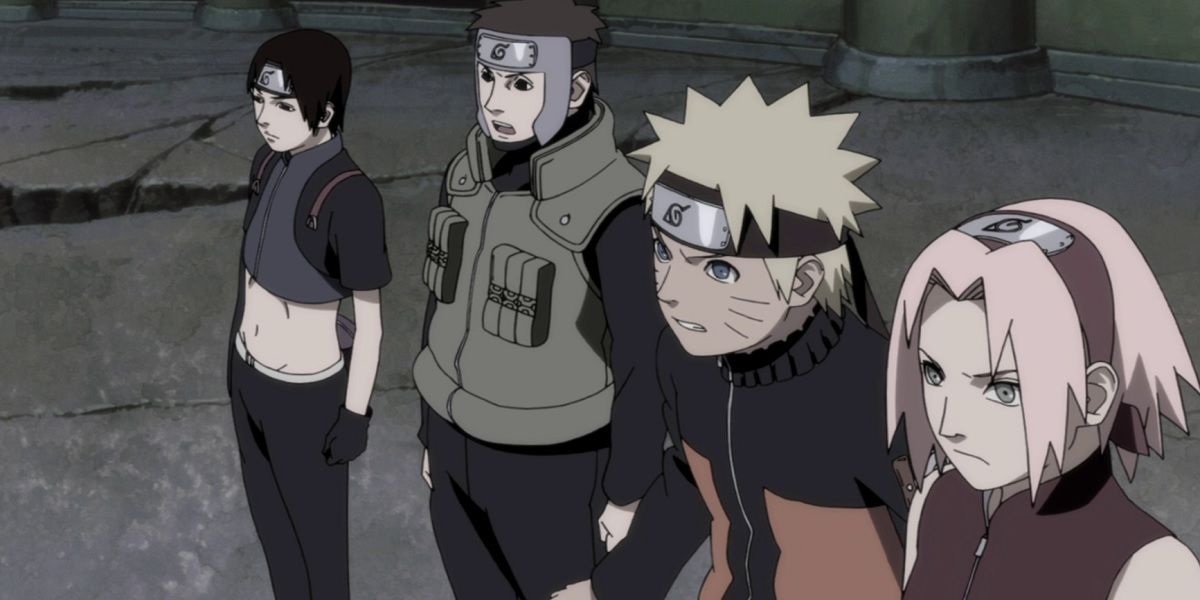 Naruto, Sai, Yamato and Sakura standing together from Shippuden's fourth movie