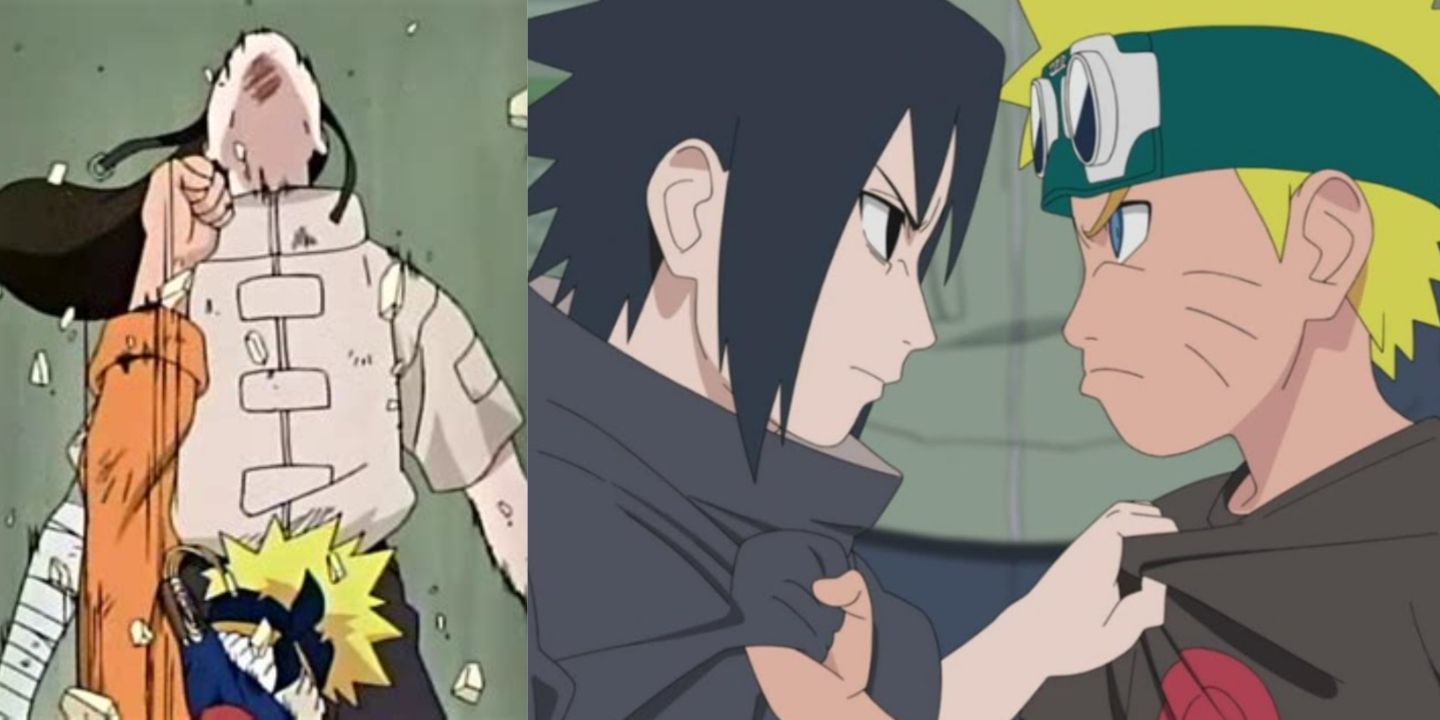 Naruto fighting Neji and Sasuke from Naruto.