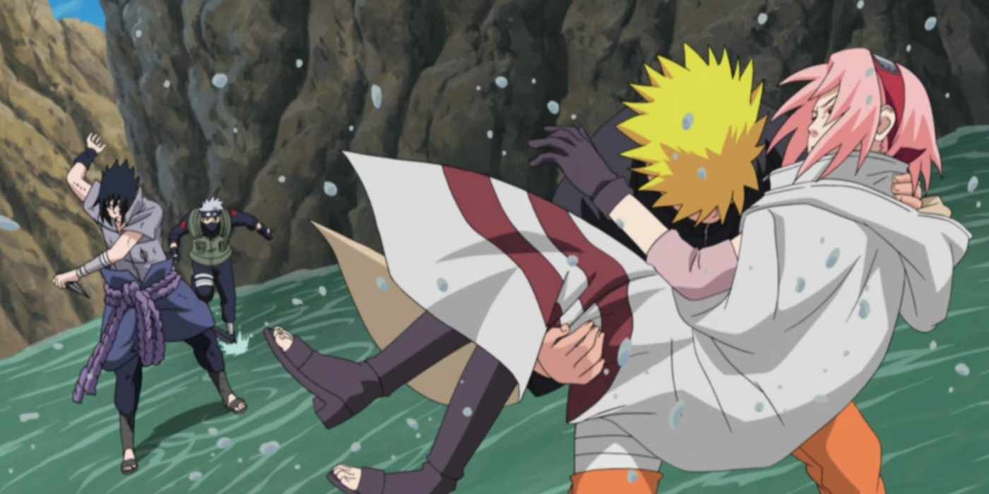 Naruto saving sakura in a canyon