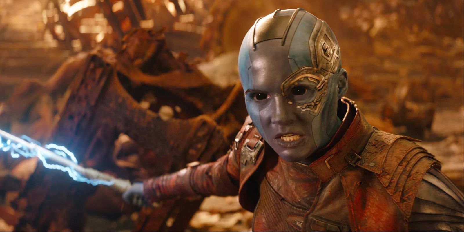 Nebula, played by Karen Gilan, looking ready to fight in the MCU