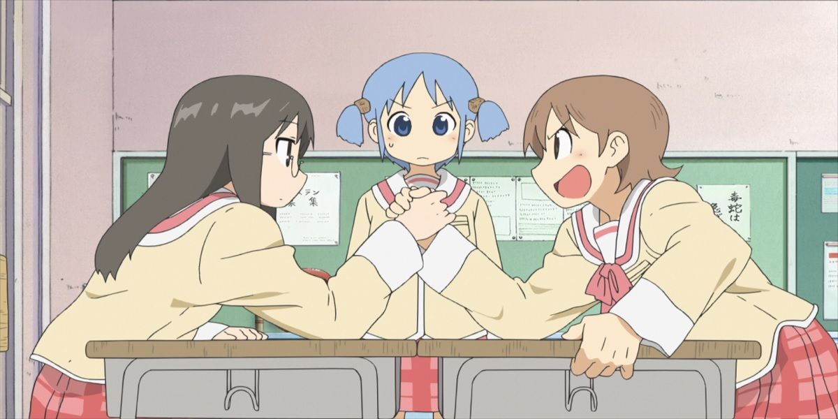 The main trio of girls from Nichijou, My Ordinary Life, arm wrestle together