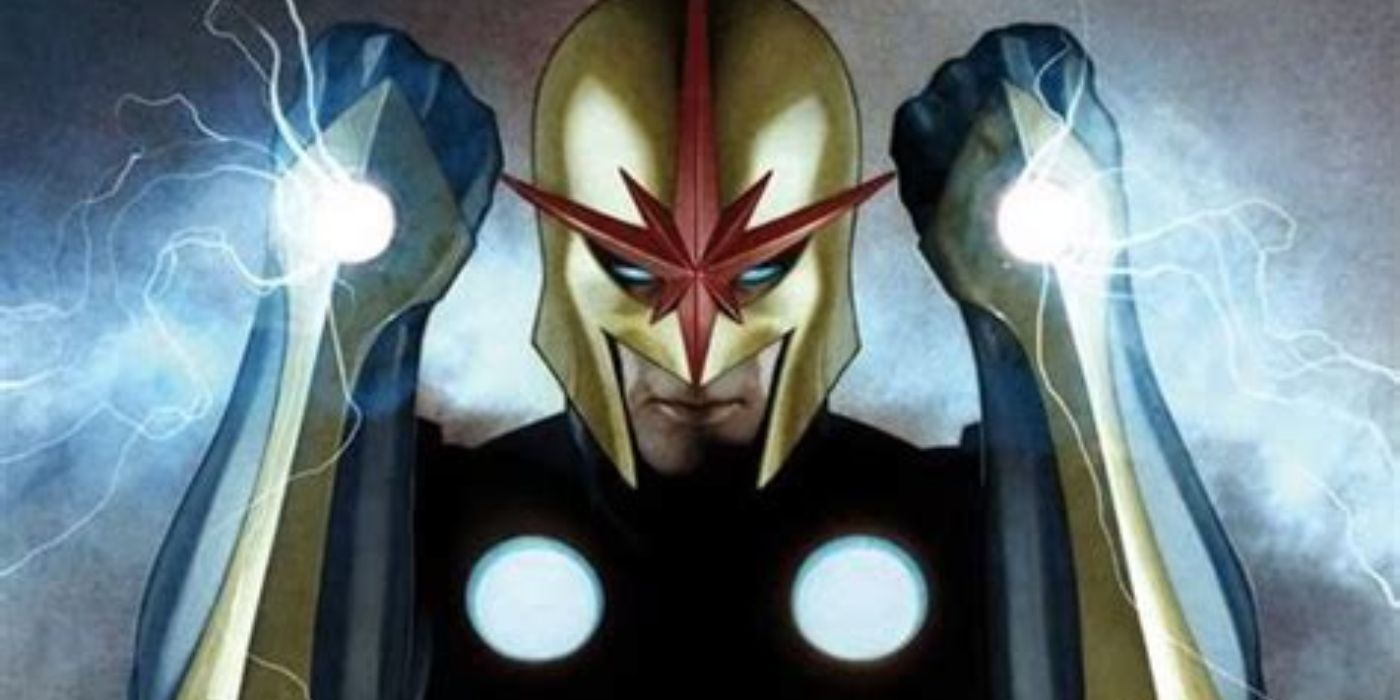 Adi Granov's rendition of Richard Rider as Nova Prime featuring the hero holding up crackling gauntlets