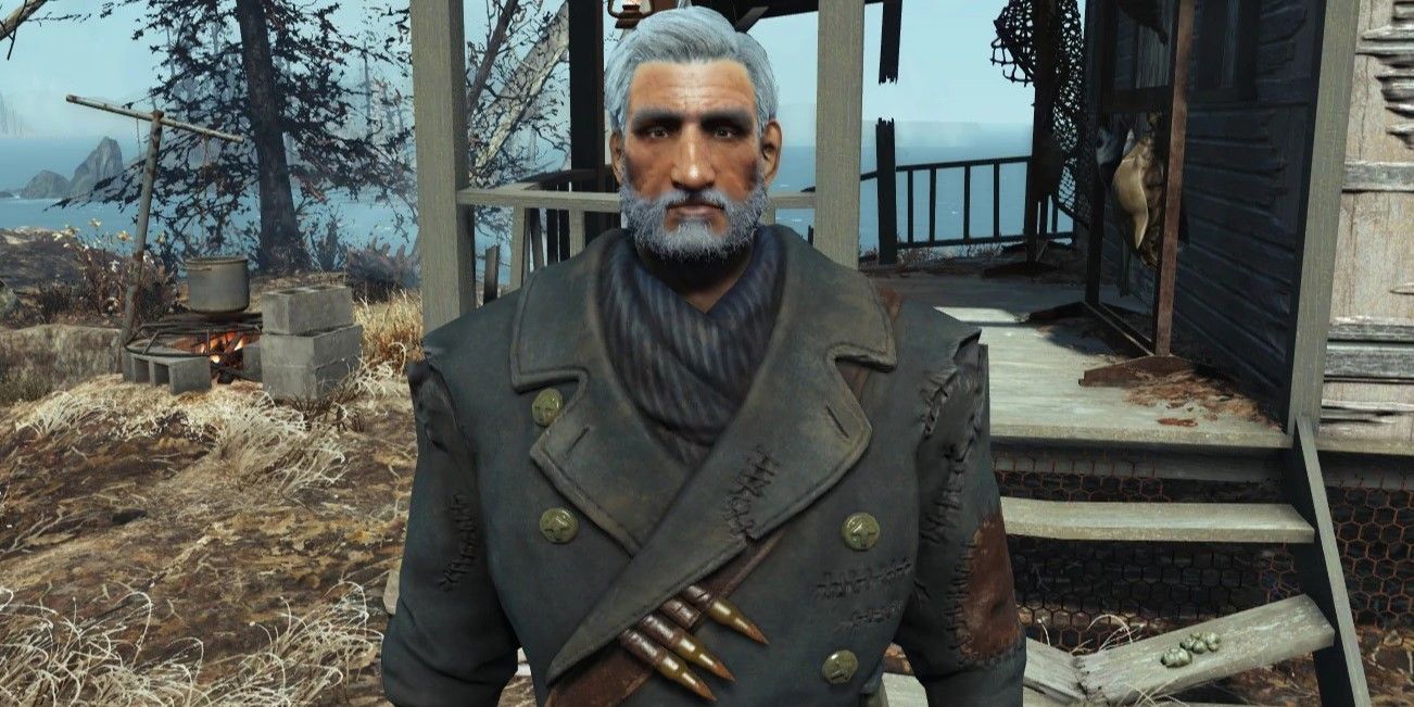 Old Longfellow centralizado e olhando para a câmera do DLC de Fallout 4 - Far Harbor.