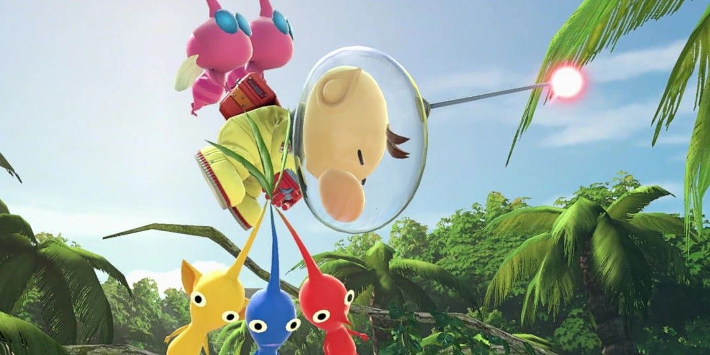 Olimar carrying and being carried by several kinds of Pikmin