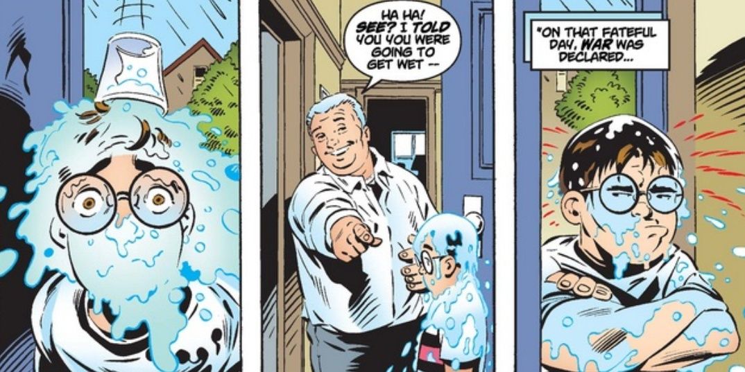 Uncle Ben dumps a bucket of water on young Peter Parker
