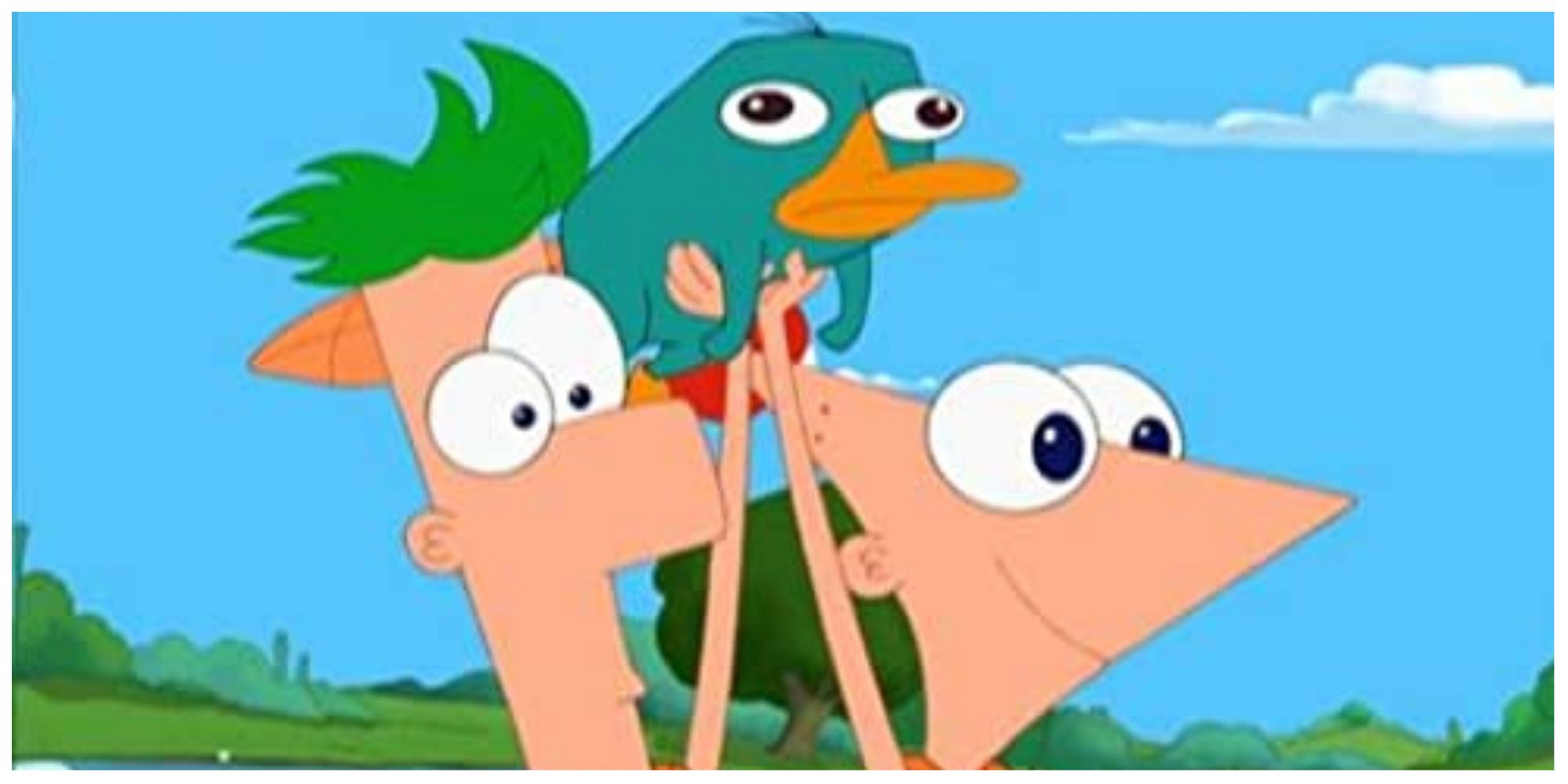 Phineas, Ferb, carrying Perry the Platypus in the show Phineas and Ferb.