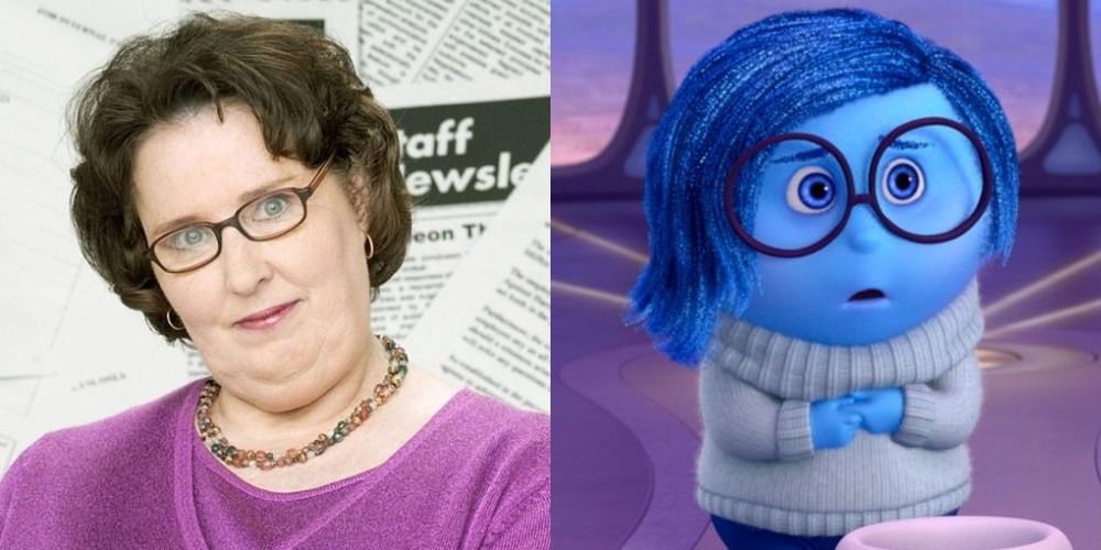 A split image of Phyllis Smith and Sadness from Disney's Inside Out
