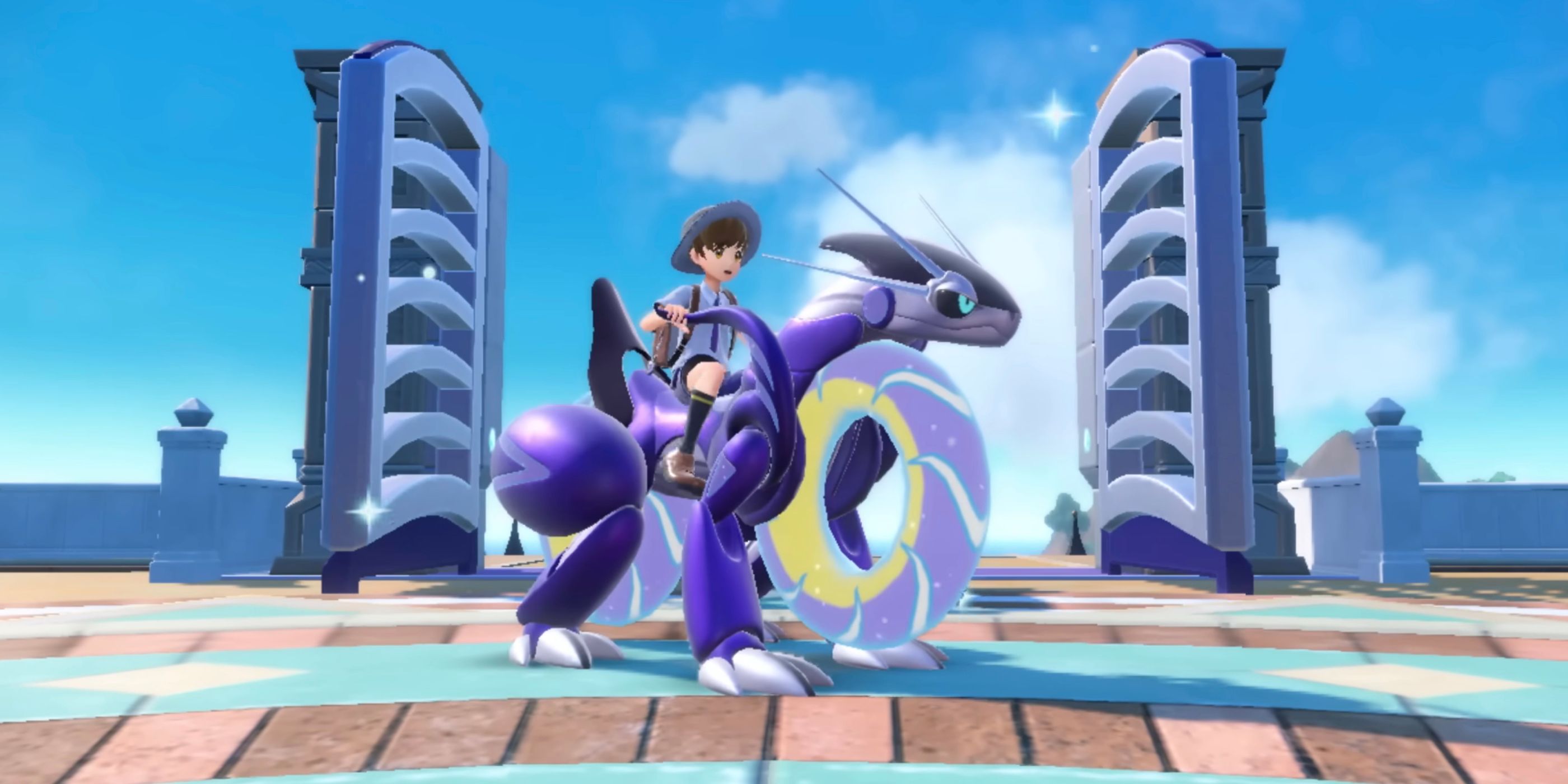 A player riding atop the Legendary Pokémon Miraidon in Pokémon Violet.