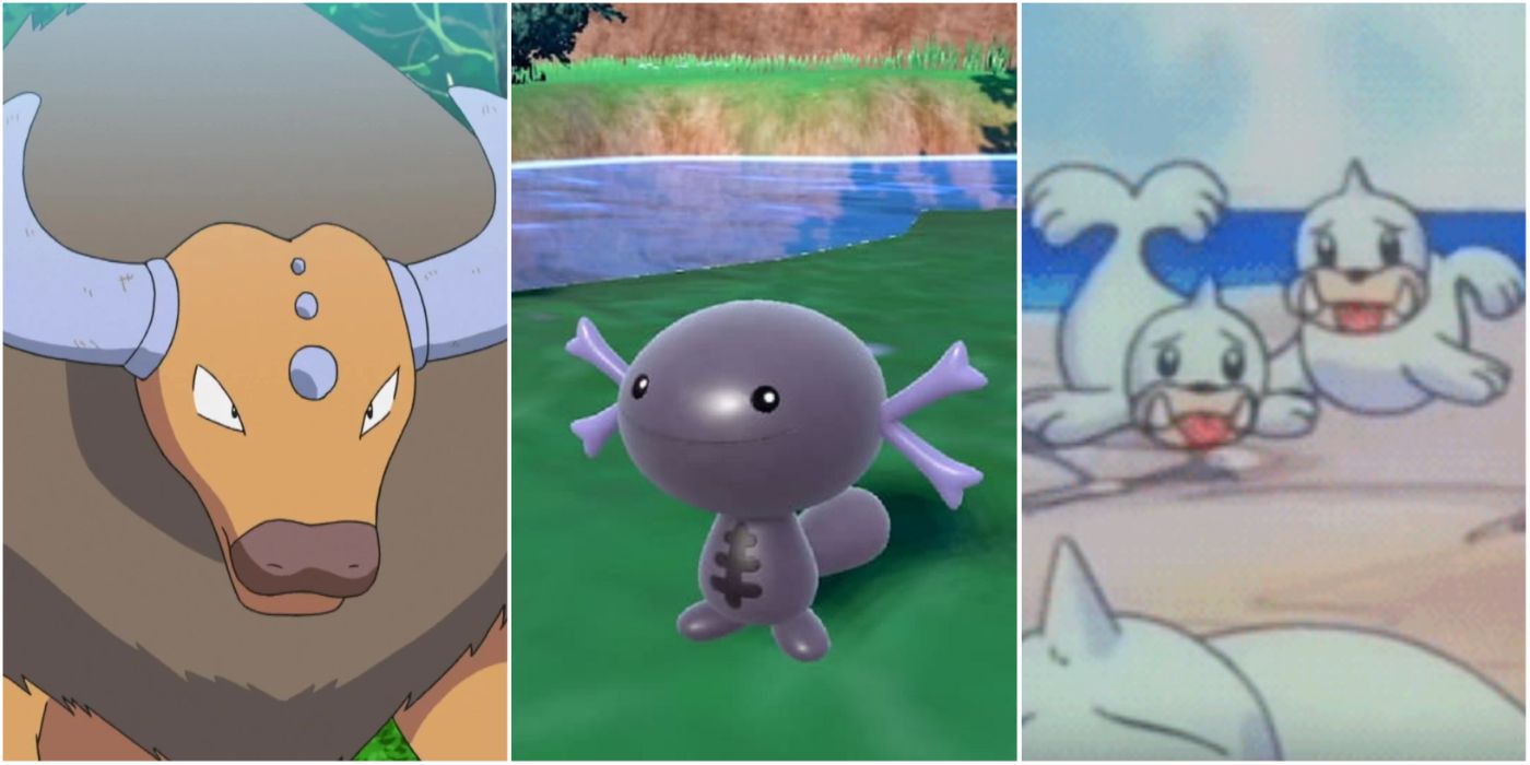A split image of various Pokemon species, including a Tauros, a group of Seel, and more