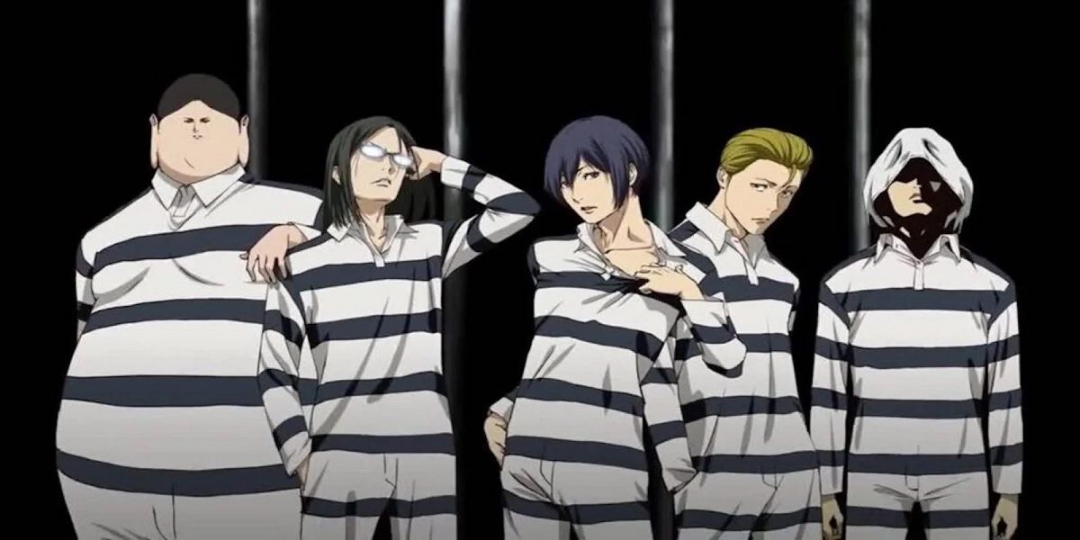 Reiji, Takehito, Kiyoshi, Shingo, and Jouji from Prison School standing in a row and wearing prison garb in front of prison bars