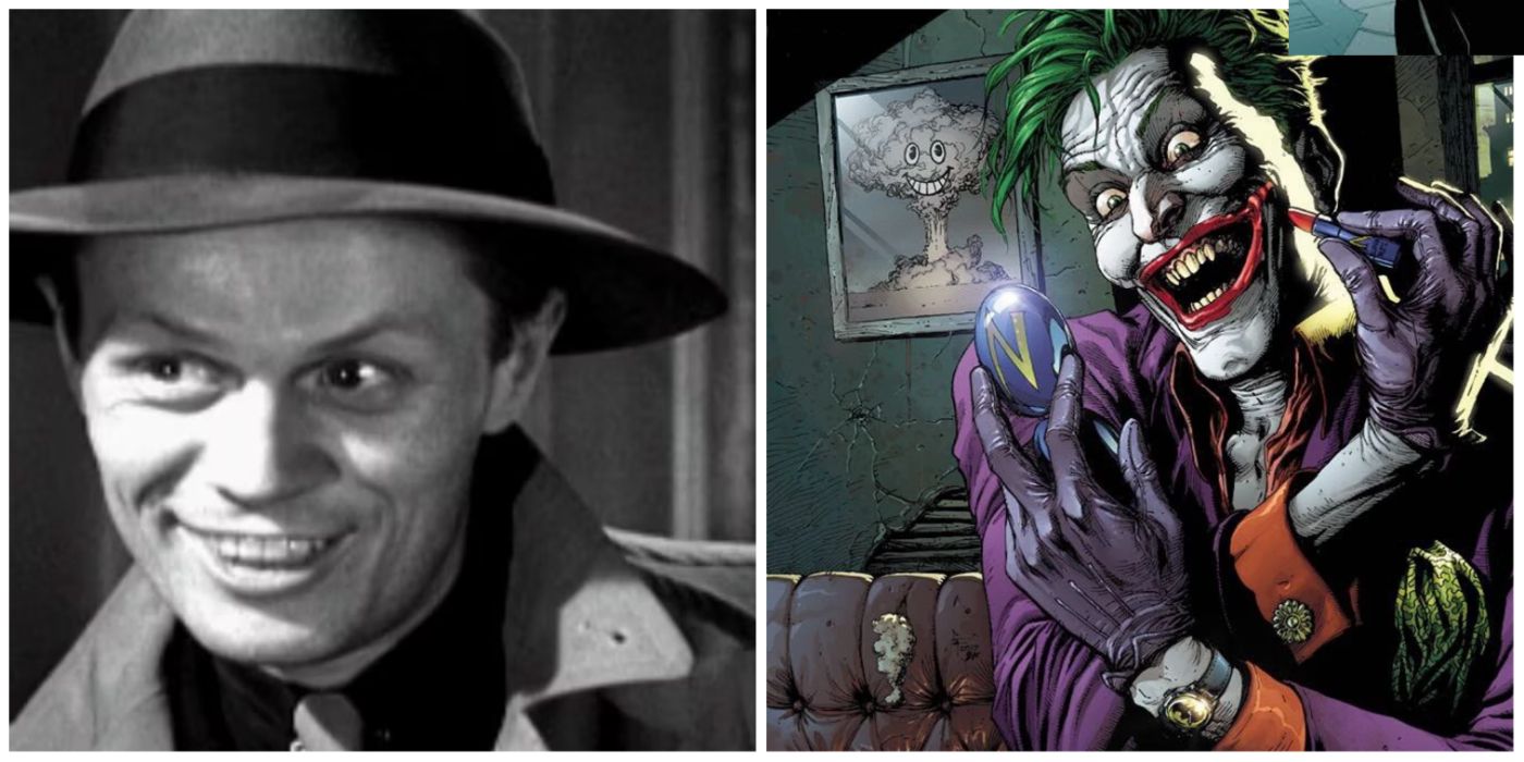 Richard Widmark smiling and the Joker doing his make up in the DC comics