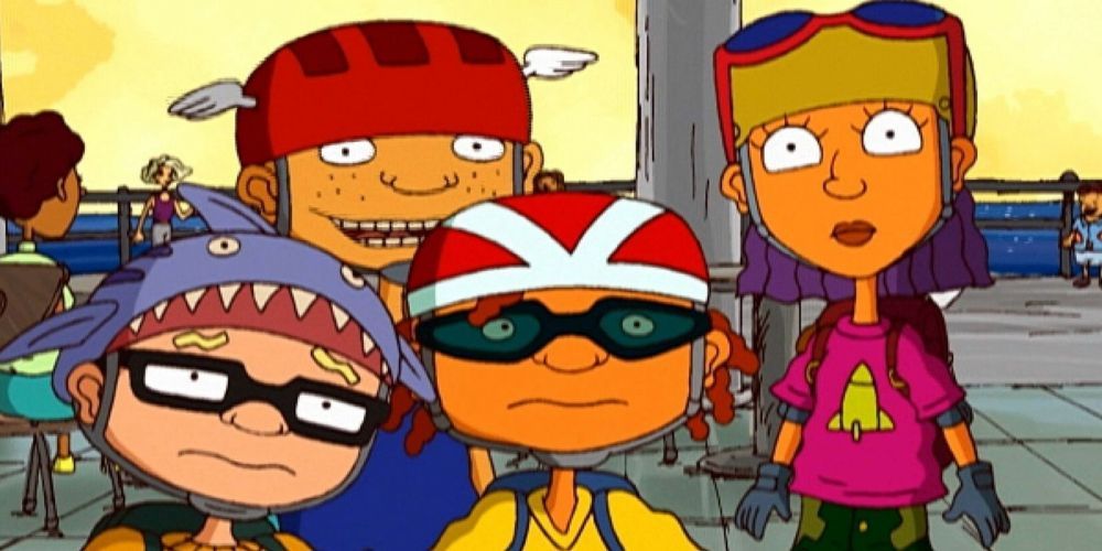 An image of the main cast thinking deeply in the Rocket Power cartoon.