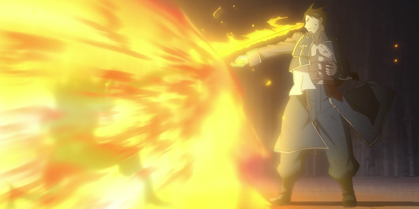 Roy incinerates Lust before she reaches him in Fullmetal Alchemist: Brotherhood.
