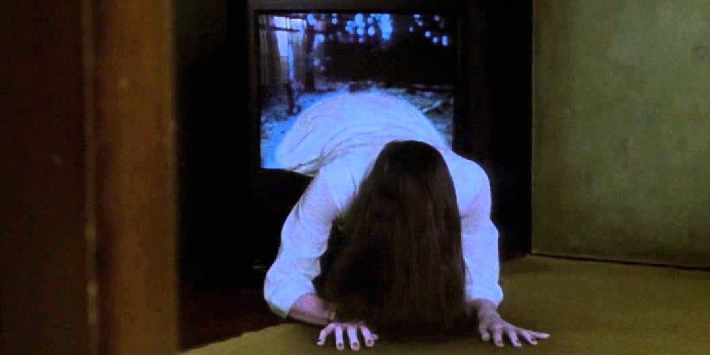Sadako emerges from the television screen in Ringu