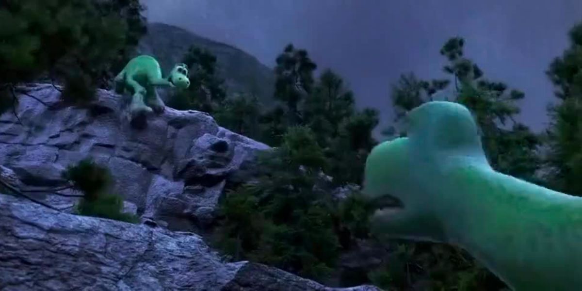 Arlo trying to reach Henry from a cliff (The Good Dinosaur)