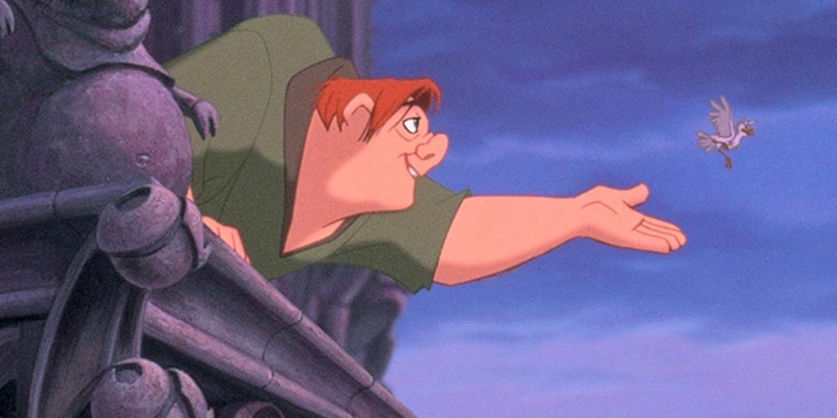Quasimodo letting a baby bird fly away in The Hunchback of Notre Dame.