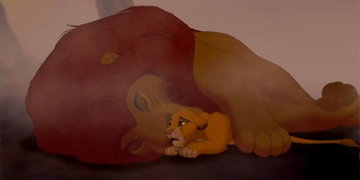 Simba is lying next to a deceased Mufasa in The Lion King