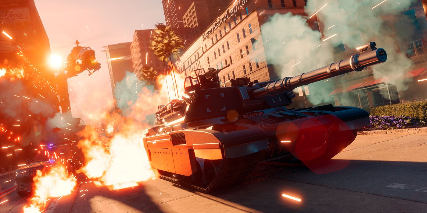 A tank driving through the city in Saints Row.