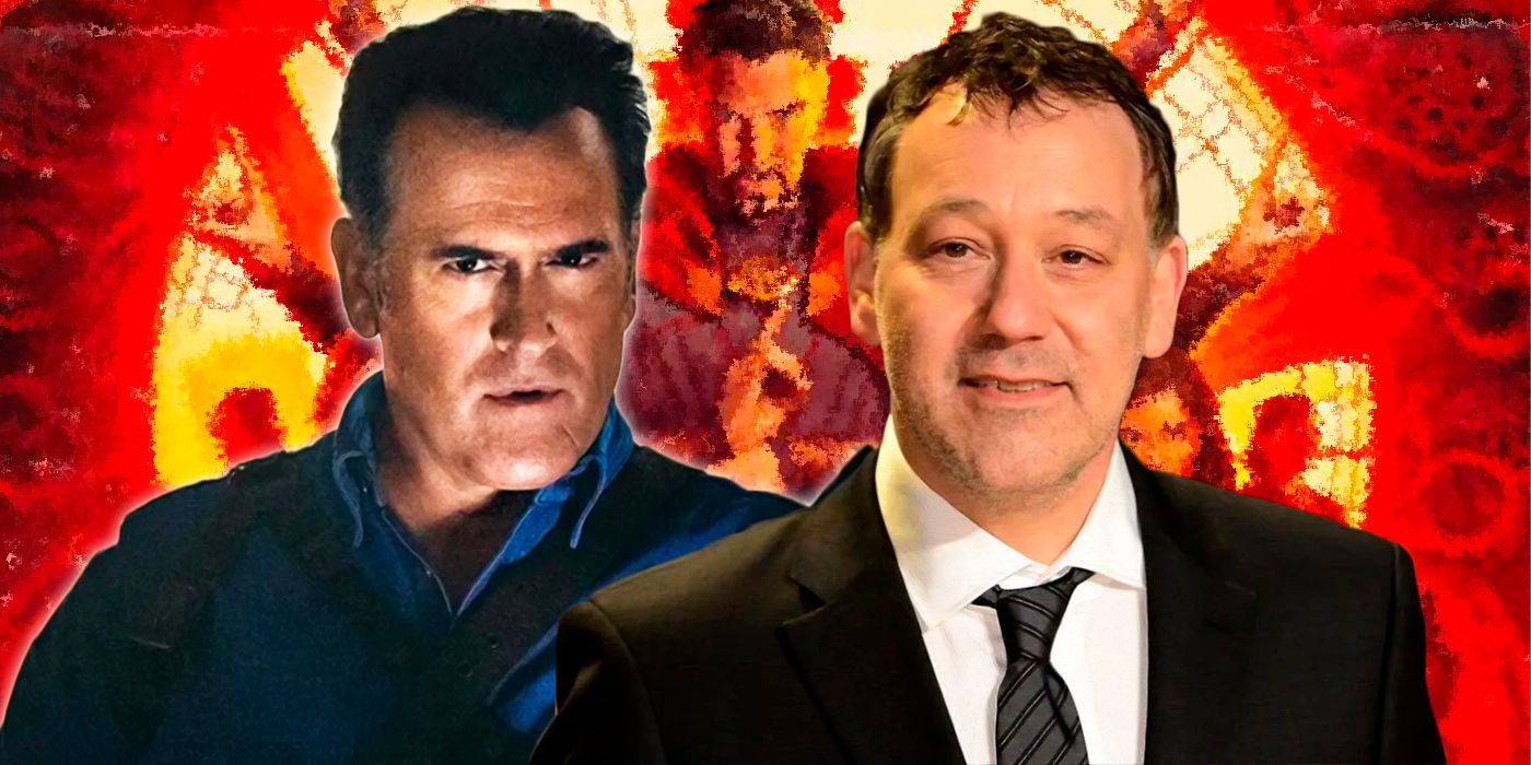 Sam Raimi and Bruce Campbell in front of Doctor Strange in the Multiverse of Madness poster.