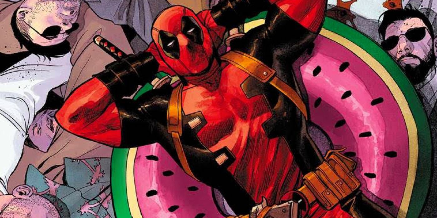 Deadpool resting in a half a watermelon, surrounded by bodies, in Marvel Comics