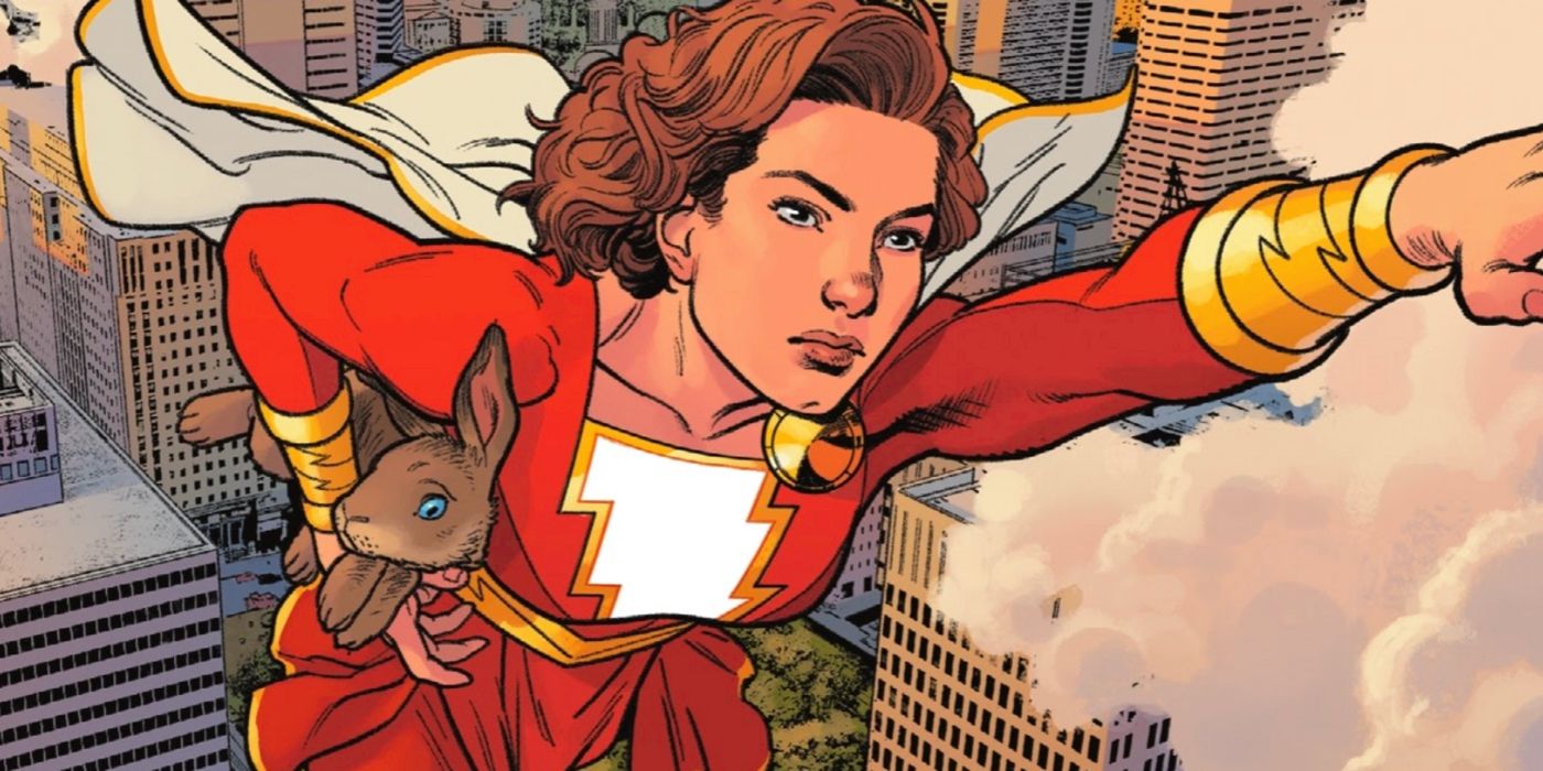 DC Comics' Mary Marvel flying in the sky while holding a bunny rabbit