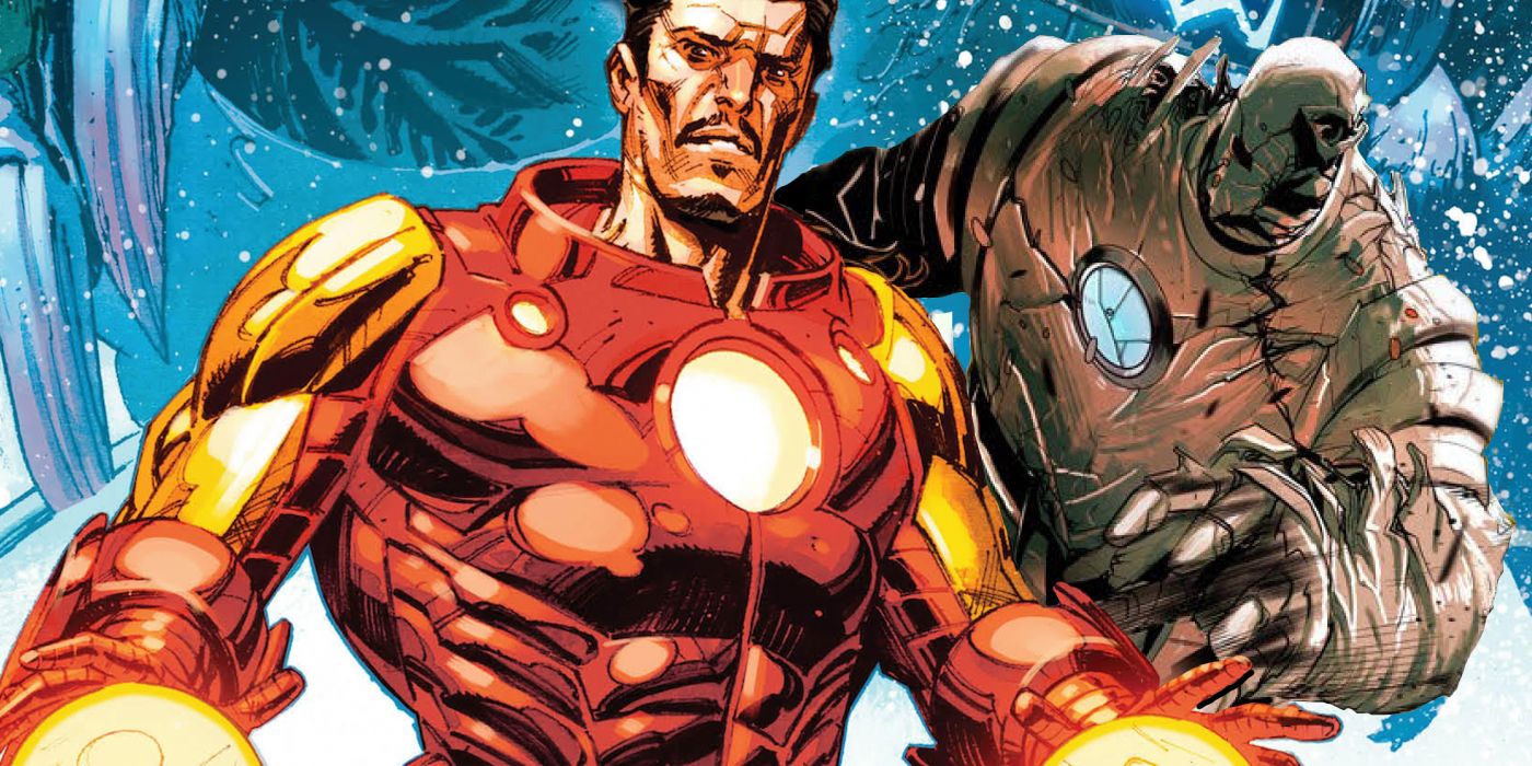 An image of Iron Man, with his cursed armor lurking behind him in Marvel Comics