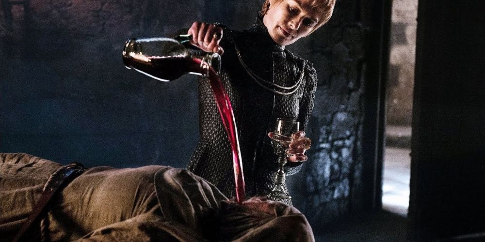 Cersei Lannister waterboarding Septa Unella with wine in Game of Thrones