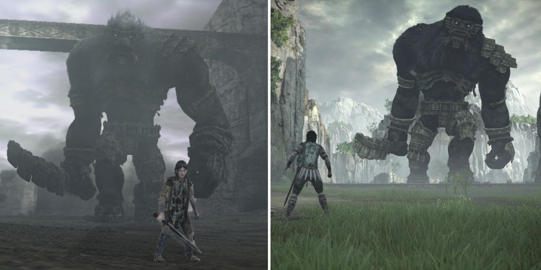 Wander encountering the 15th Colossus, Argus, in Shadow of the Colossus